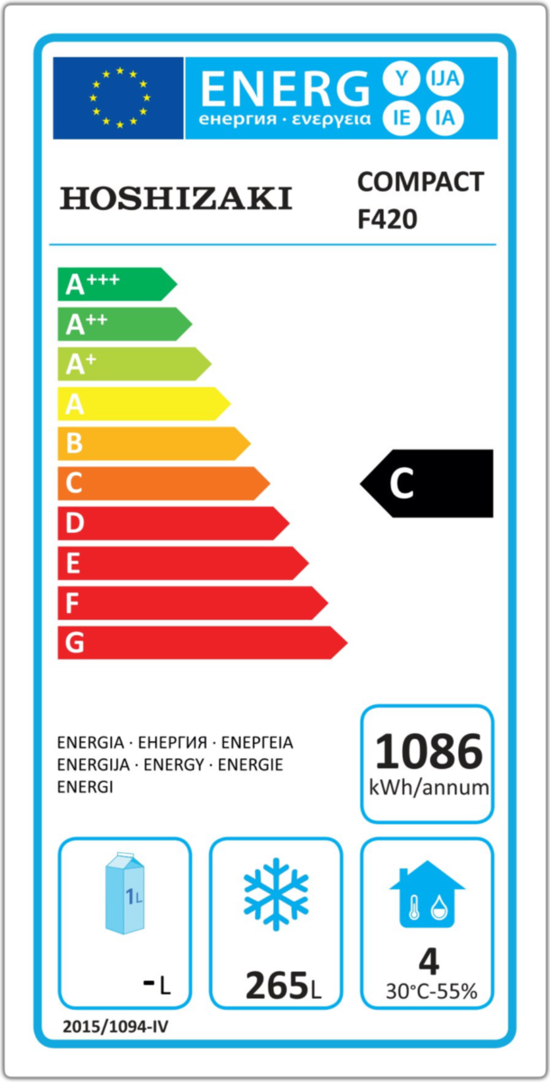 Hoshizaki F420 R-C DR G U Compact Upright Freezer, Single Door, Stainless Steel, 343L, 5 Shelves, Energy Rated C