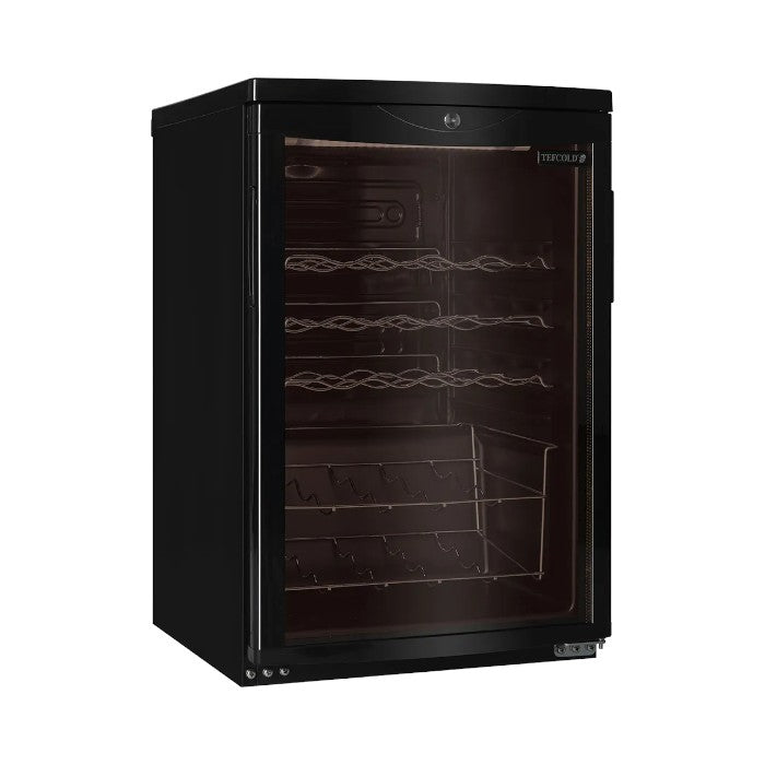 SC85 Black Undercounter Wine Cooler – 22 Bottle Capacity, Fan Assisted Cooling, Curved Tinted Glass Door, Adjustable Shelves