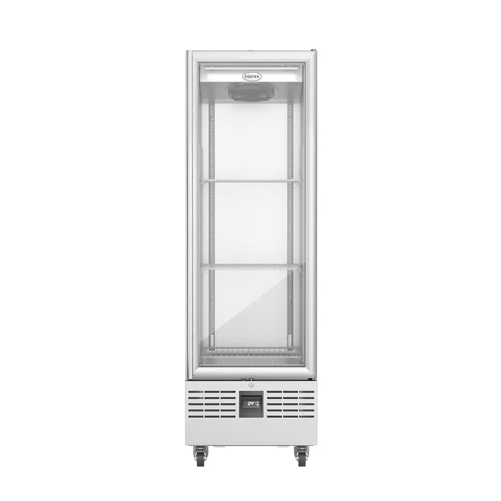 Foster FSL400G/11-310 Slimline Single Glass Door Upright Display Refrigerator, 400L, Stainless Steel, LED Display & Energy Efficient