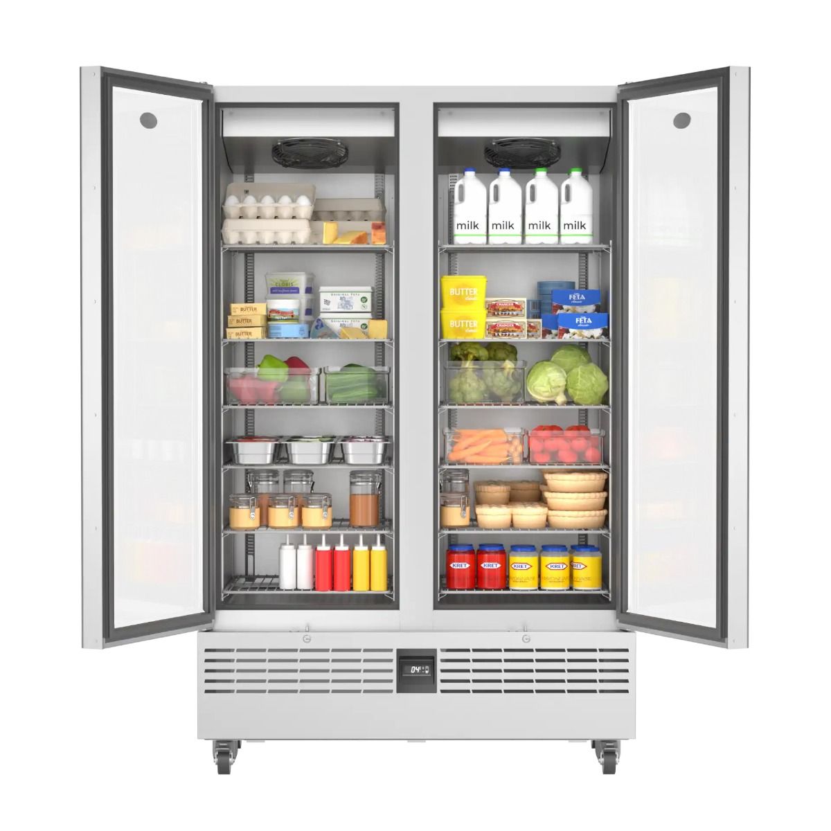 Foster FSL800G/11-318 Slimline Double Glass Door Upright Display Cabinet, 800L – Stainless Steel, LED Temperature Display, R290 Refrigerant