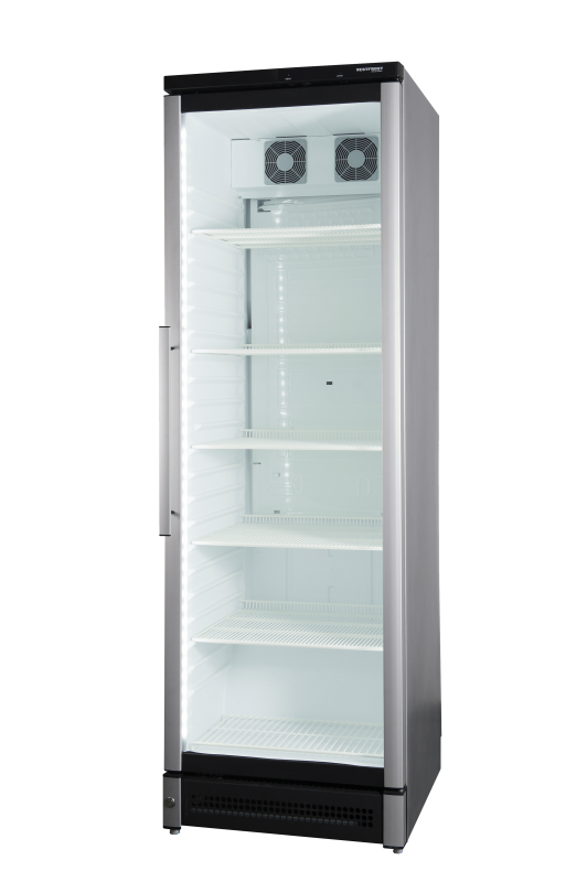 Vestfrost M 180 Glass Door Upright Fridge – 1 Door Display Chiller, 381L, LED Lighting, ECO Energy Saving, Lockable, Silver