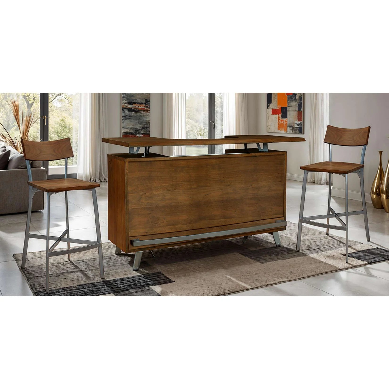 Rustic Walnut Solid Wood Bar Cabinet with Marble Countertop & Wine Storage