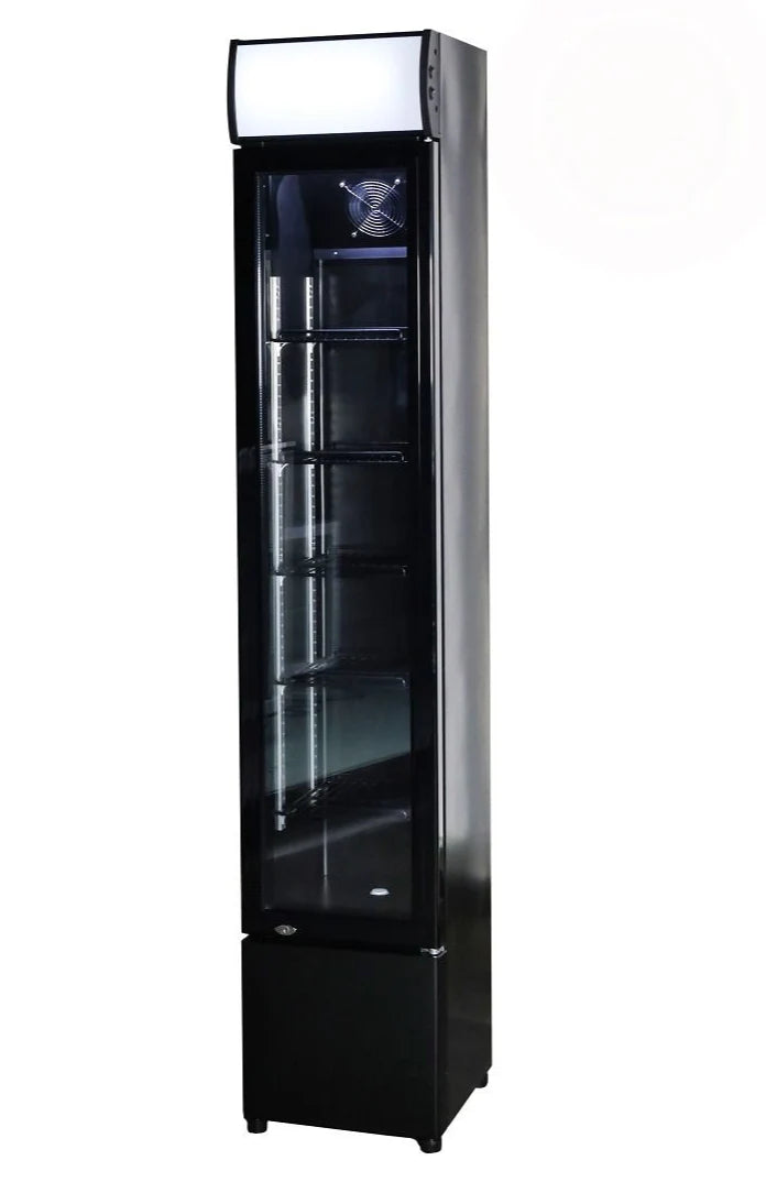 Combisteel Slimline Black Narrow Single Hinged Glass Door Fridge Merchandiser 105L | LED Lighting & Fan-Assisted Cooling