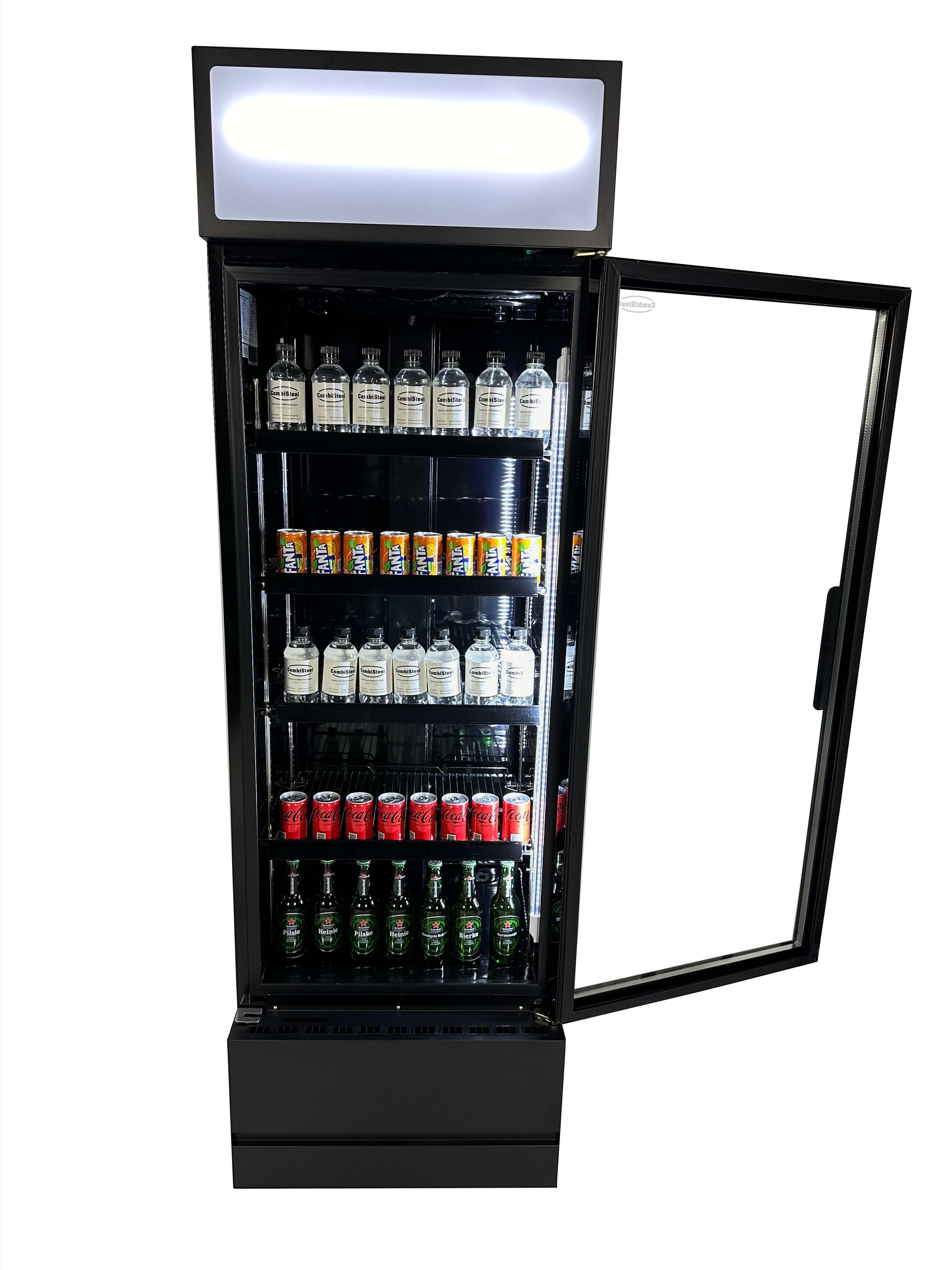 Combisteel Single Hinged Glass Door Bottle Fridge Merchandiser 360L | Black, LED Lighting & Fan-Assisted Cooling
