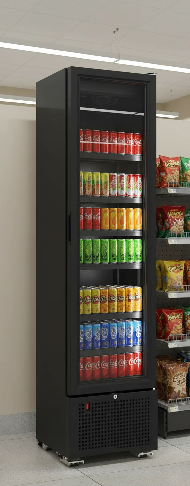 Combisteel Single Door Slimline Bottle Fridge Merchandiser 221L | Black, LED Lighting & Fan-Assisted Cooling