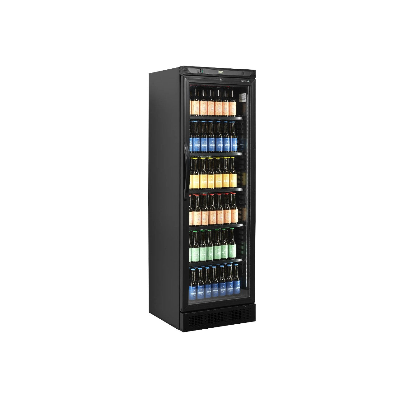 Glass Door Merchandiser CEV425 Black – Premium Display Fridge with LED Lighting, Fan Assisted Cooling, 358L Capacity