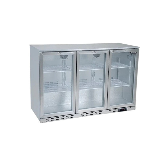 Blizzard 3-Door Stainless Steel Bar Bottle Cooler – Fan Assisted Back Bar Fridge with Digital Temperature Controller, LED Lighting, and Lock – 293 Bottle Capacity