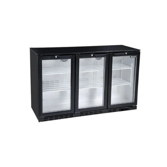 Blizzard Standard Black 3-Door Bar Bottle Cooler with LED Lighting – 293 Bottle Capacity, Fully Automatic