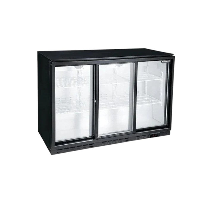Blizzard Triple Sliding Door Low Height Bar Bottle Cooler, Black Laminated, 840mm High – LED Illuminated, Lockable, Adjustable Shelves