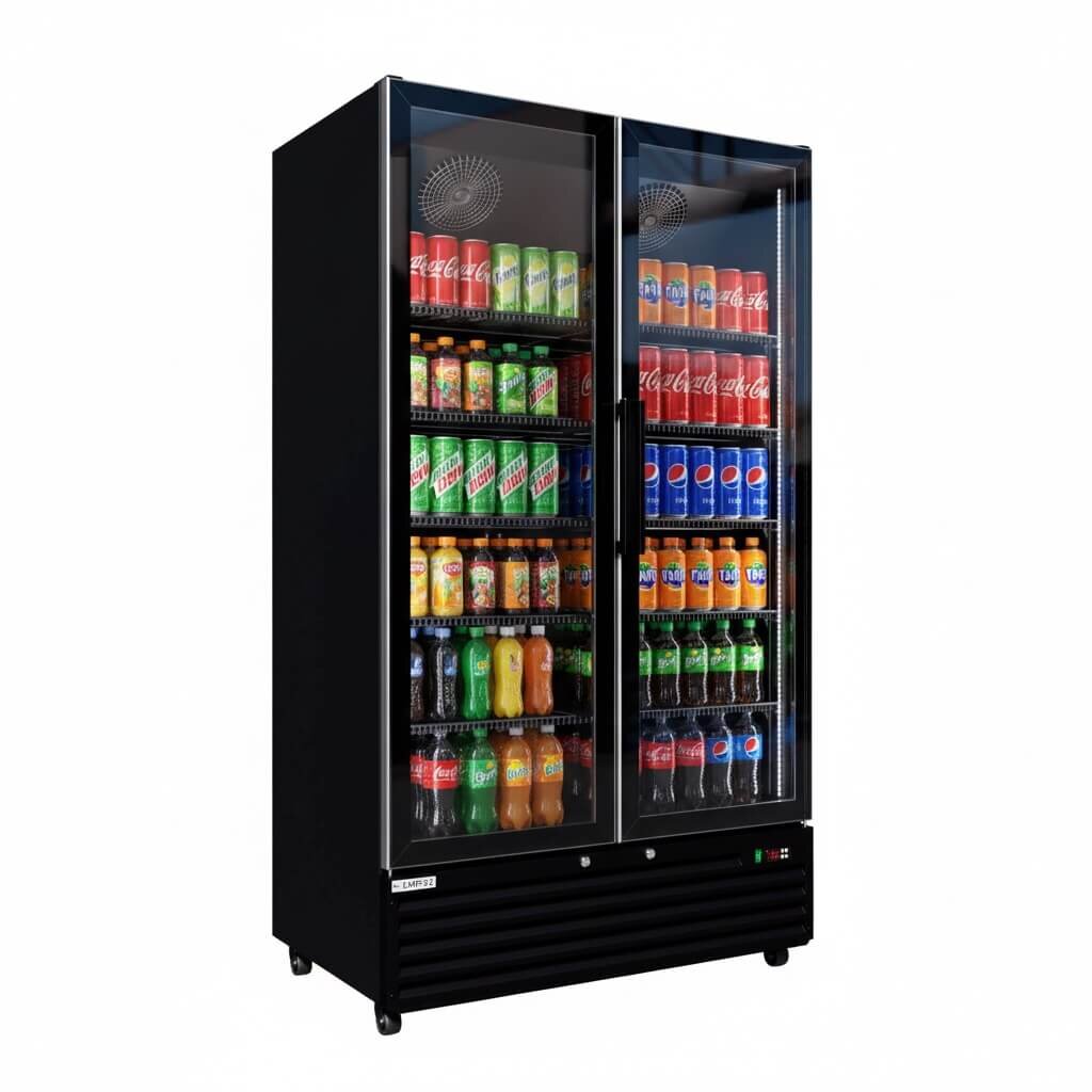 Empire CL-1000W Double Door Upright Back Bar Bottle Cooler – 879L Commercial Glass Door Display Fridge with LED Lighting and Digital Temperature Control