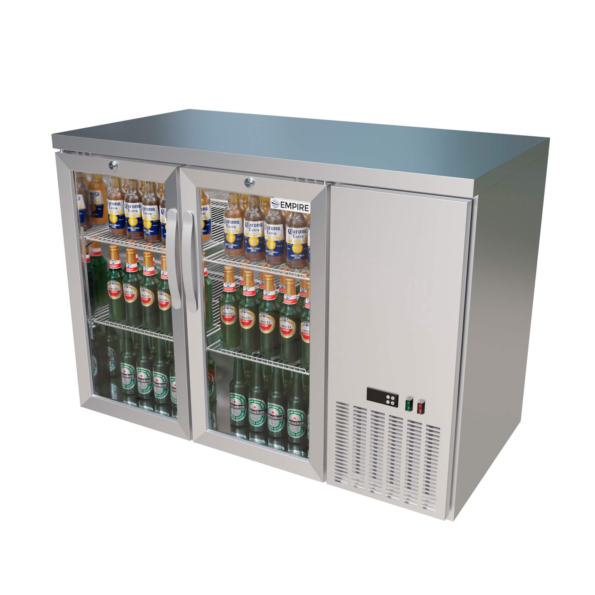 Empire High Capacity Double Door Bottle Cooler – 305L, Stainless Steel, Side Cooling, Low Height, Hinged Doors