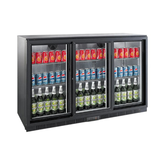 Combisteel 3-Sliding Door Backbar Cooler – Black 320L Commercial Fridge with LED Lighting