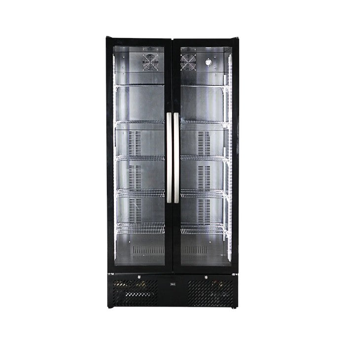Combisteel Double Door Upright Bottle Cooler Fridge BDK-458 – 458L, LED, Black & Stainless Steel, Fan Ventilated