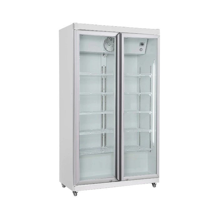 Combisteel Double Hinged Glass Door Display Fridge 785L – Ventilated Cooling, LED Lighting, Lockable, Mobile, R290 Refrigerant