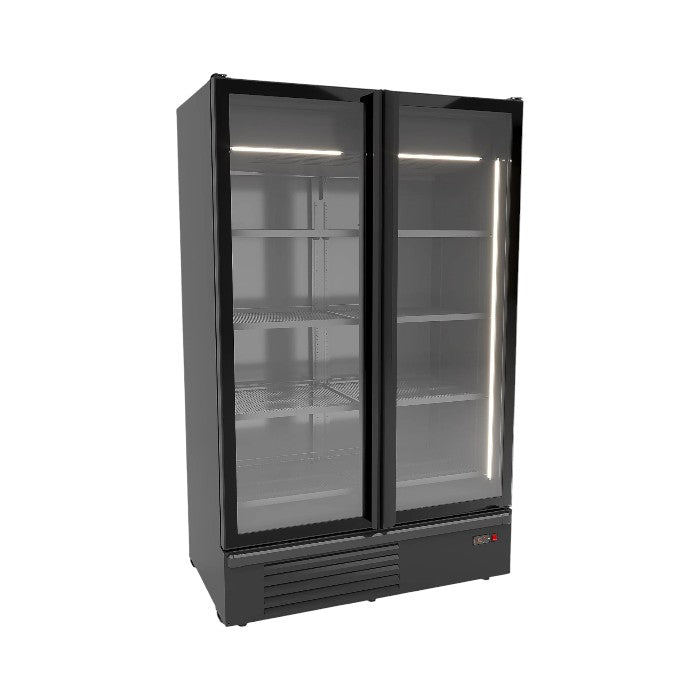 Combisteel Double Hinged Glass Door Fridge Merchandiser Black 1200Ltr – Ventilated Display Cooler with LED Lighting