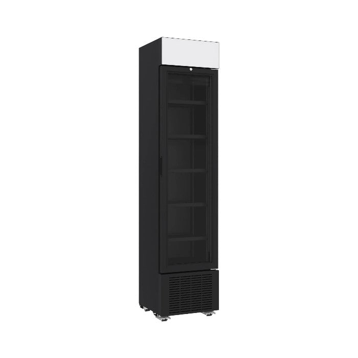 Combisteel Single Door Slimline Bottle Fridge Merchandiser 232L | Black, LED Lighting, Fan-Assisted Cooling & Canopy