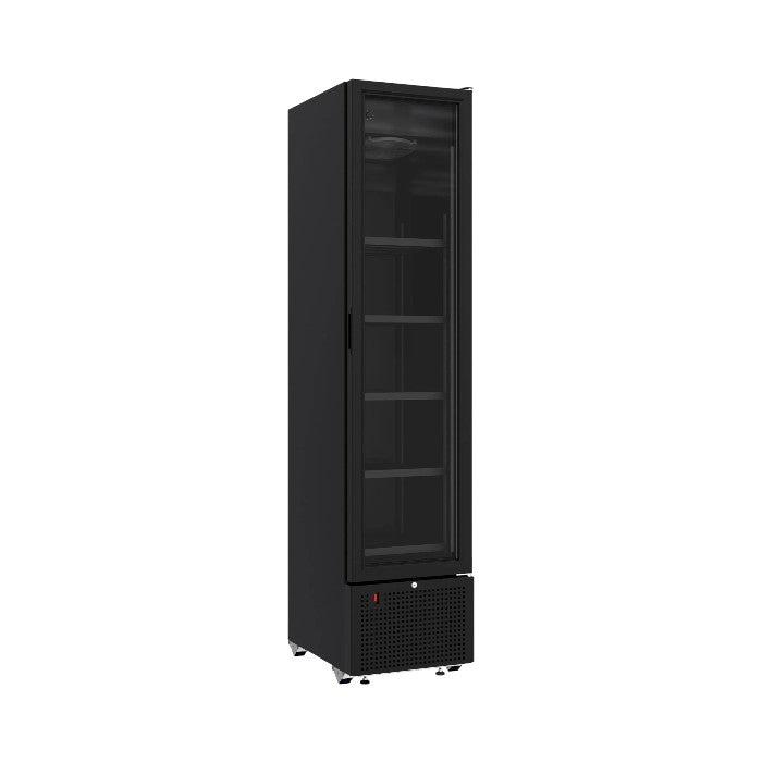 Combisteel Single Door Slimline Bottle Fridge Merchandiser 348L | Black, LED Lighting & Fan-Assisted Cooling