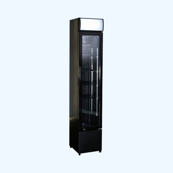 Combisteel Slimline Black Narrow Single Hinged Glass Door Fridge Merchandiser 105L | LED Lighting & Fan-Assisted Cooling