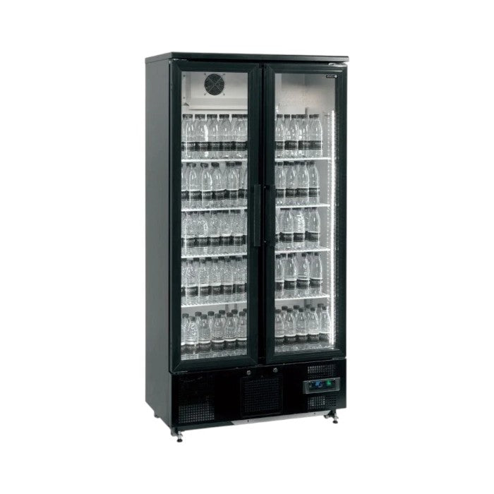 Elstar EM500H Upright Double Glass Door Back Bar Bottle Cooler 490L Black LED Lighting Fan-Assisted Cooling