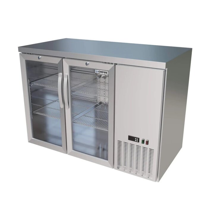 Empire High Capacity Double Door Bottle Cooler – 305L, Stainless Steel, Side Cooling, Low Height, Hinged Doors