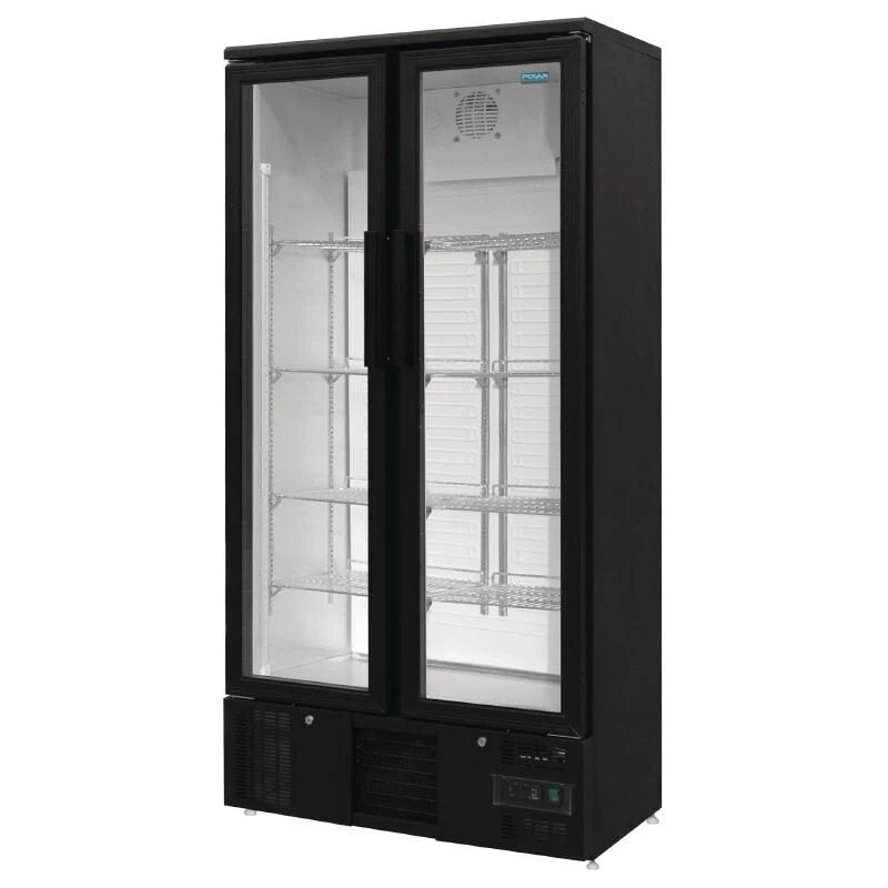 Polar GJ449 Upright Back Bar Cooler 490L Black Double Hinged Doors Adjustable Shelves Auto Defrost Interior LED Lighting Commercial Beverage Fridge
