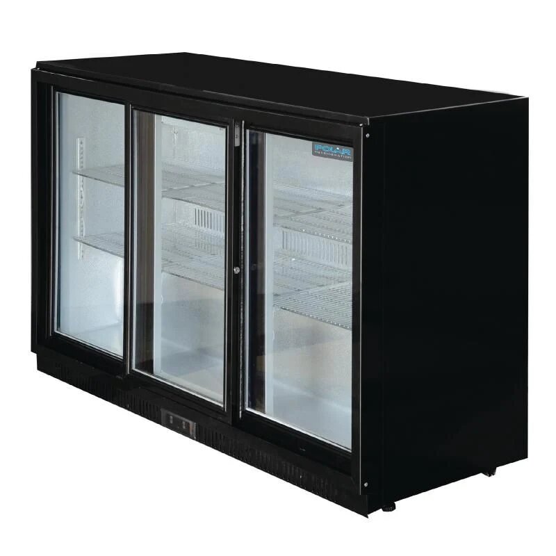 Polar GL006 Triple Sliding Door 330L Back Bar Cooler – Black Commercial Fridge with LED