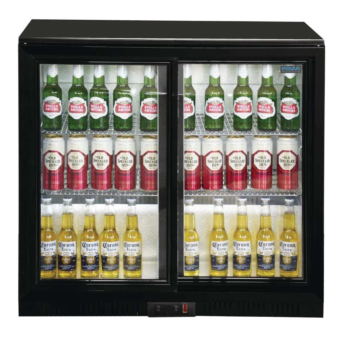 Polar Double Sliding Door Back Bar Cooler GL010 – Black with LED Lighting, 198L, Sliding Doors, Lockable