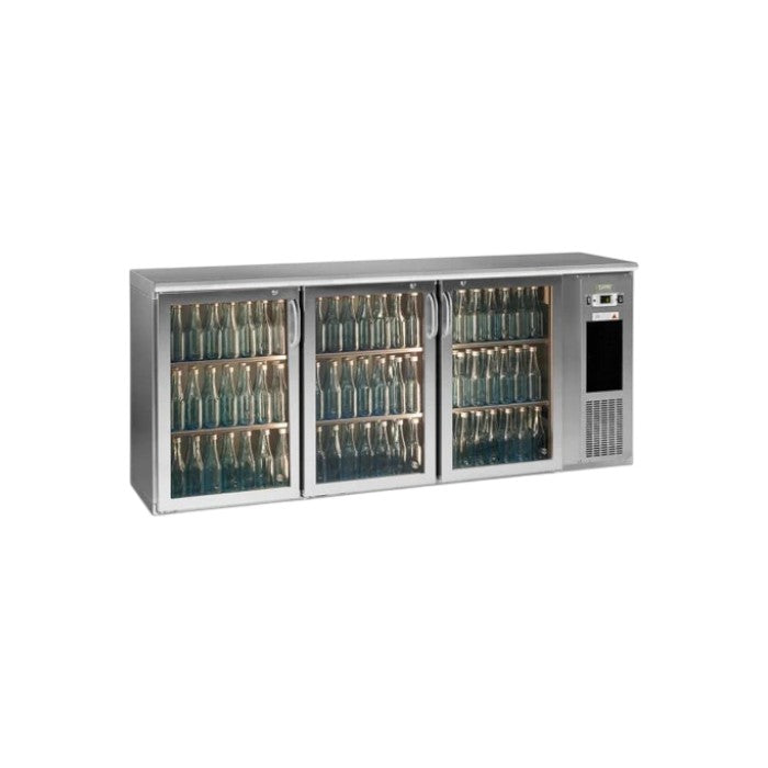 Gamko E3/222GMUCS84 Glass Triple Door Stainless Steel Undercounter Bottle Cooler – 531 x 330ml Bottles, LED Display, 537L Capacity