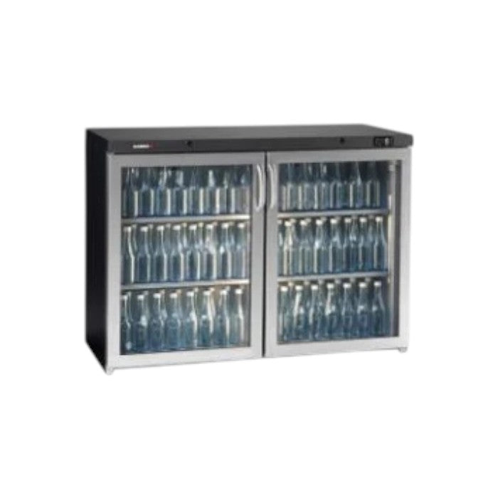 Gamko MG3/275GCS Maxiglass 275L Hinged Stainless Steel Frame Glass Double Door Undercounter Bottle Cooler