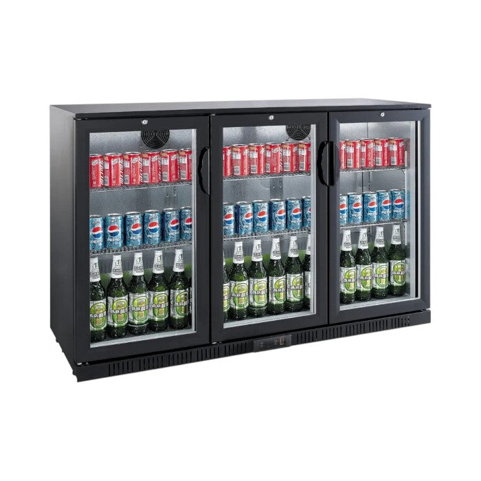 Hamoki Triple Door Hinged Bottle Cooler – 330L, LED Lighting, Fan Assisted Cooling, Commercial Bar Fridge