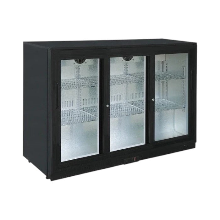 Hamoki Triple Door Sliding Bottle Cooler – 330L, LED Lighting, Fan Assisted Cooling, Commercial Bar Fridge