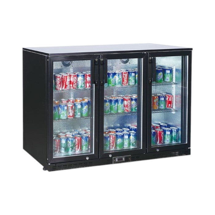 Koldbox Triple Hinged Door Bottle Cooler – 338 Bottles, Black with Aluminium Interior, LED Lighting, Lockable Doors