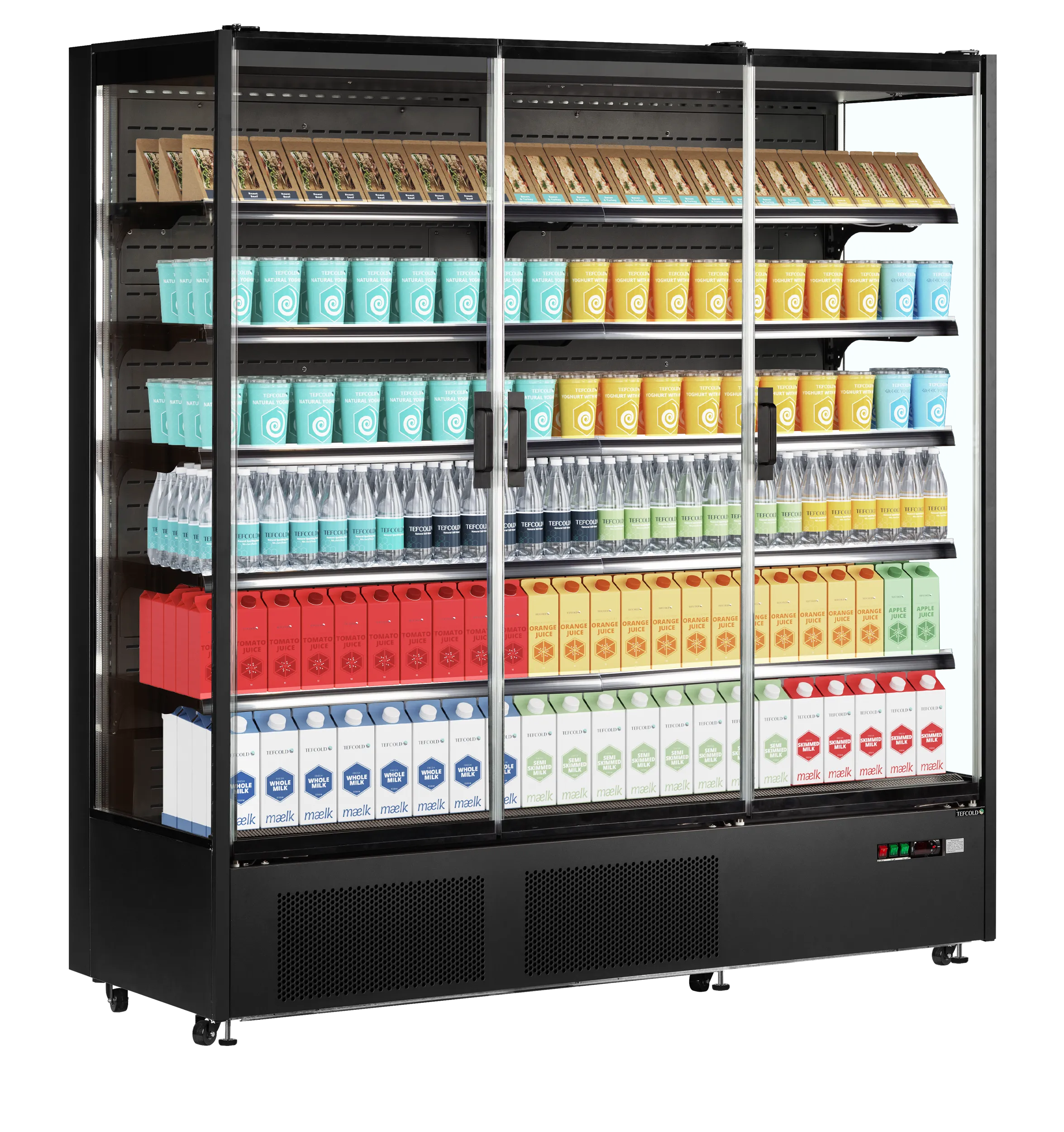 PC1870B Commercial Multideck Display Fridge with 3 Glass Doors, Black Finish, LED Shelves, Energy Class B