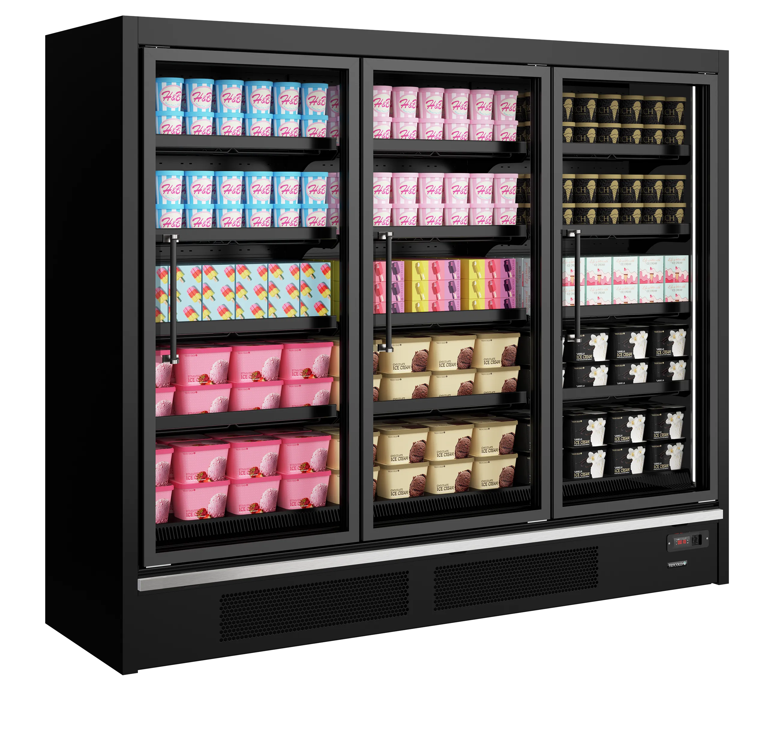 Galaxy+ GPF3D 3-Door Glass Door Freezer – Black, Heated Triple-Glazed Doors, Adjustable Shelves, Ventilated Cooling