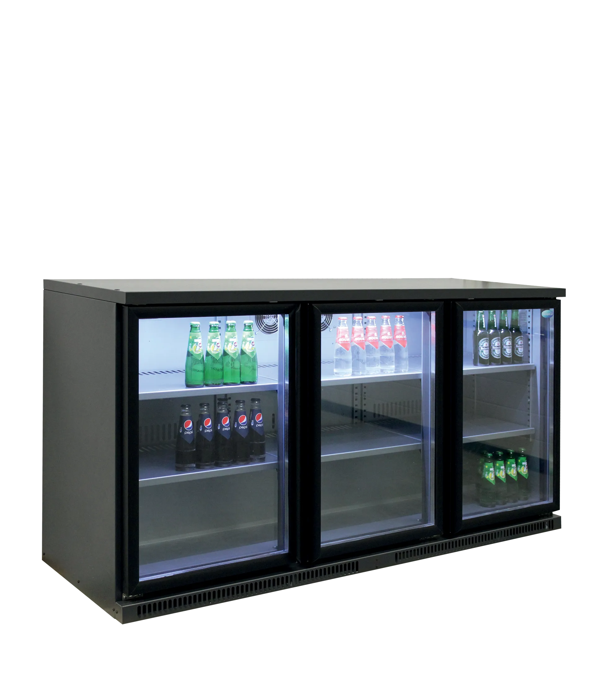 High-End Backbar Cooler SGD-360GE – 3 Hinged Glass Doors, Adjustable Shelves, LED Light, Electronic Controller, Ventilated Cooling, Energy Class E