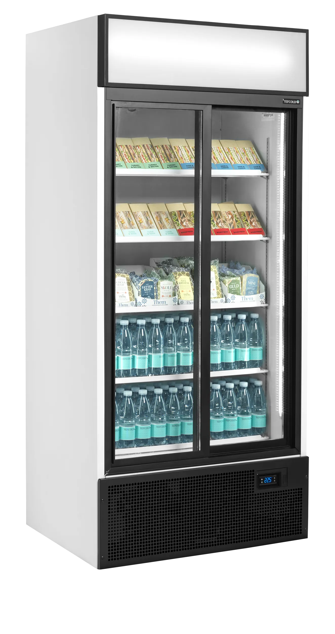 Glass Door Merchandiser FSC891S – 2 Sliding Self-Closing Doors, LED Canopy & Interior Lights, Ventilated Cooling, Adjustable Wire Shelves – White, 707L Capacity