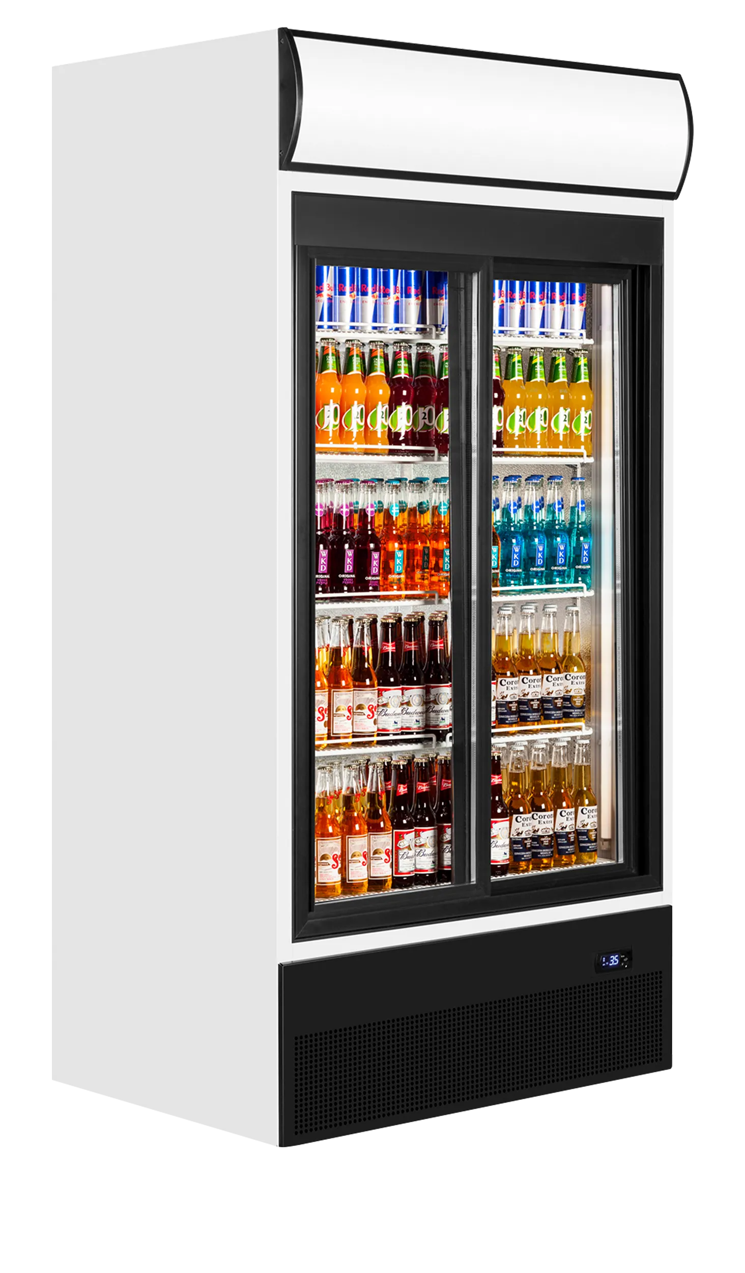 Glass Door Merchandiser FSC1000S – 2 Sliding Doors, Fan-Assisted Cooling, LED Lighting, White, 771L Capacity, Supermarket & Cafe Display Cooler