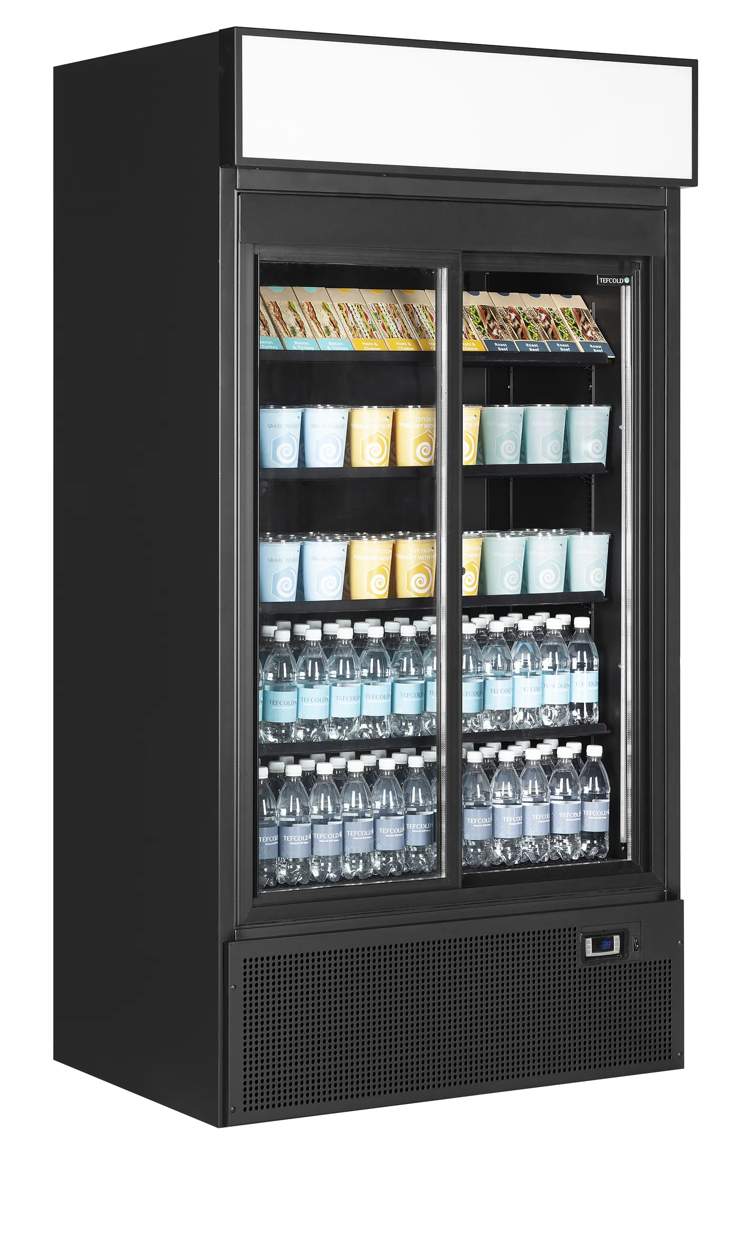 Glass Door Merchandiser FSC1000S Black – 1000mm Commercial Display Fridge with Sliding Doors, LED Lighting & Ventilated Cooling