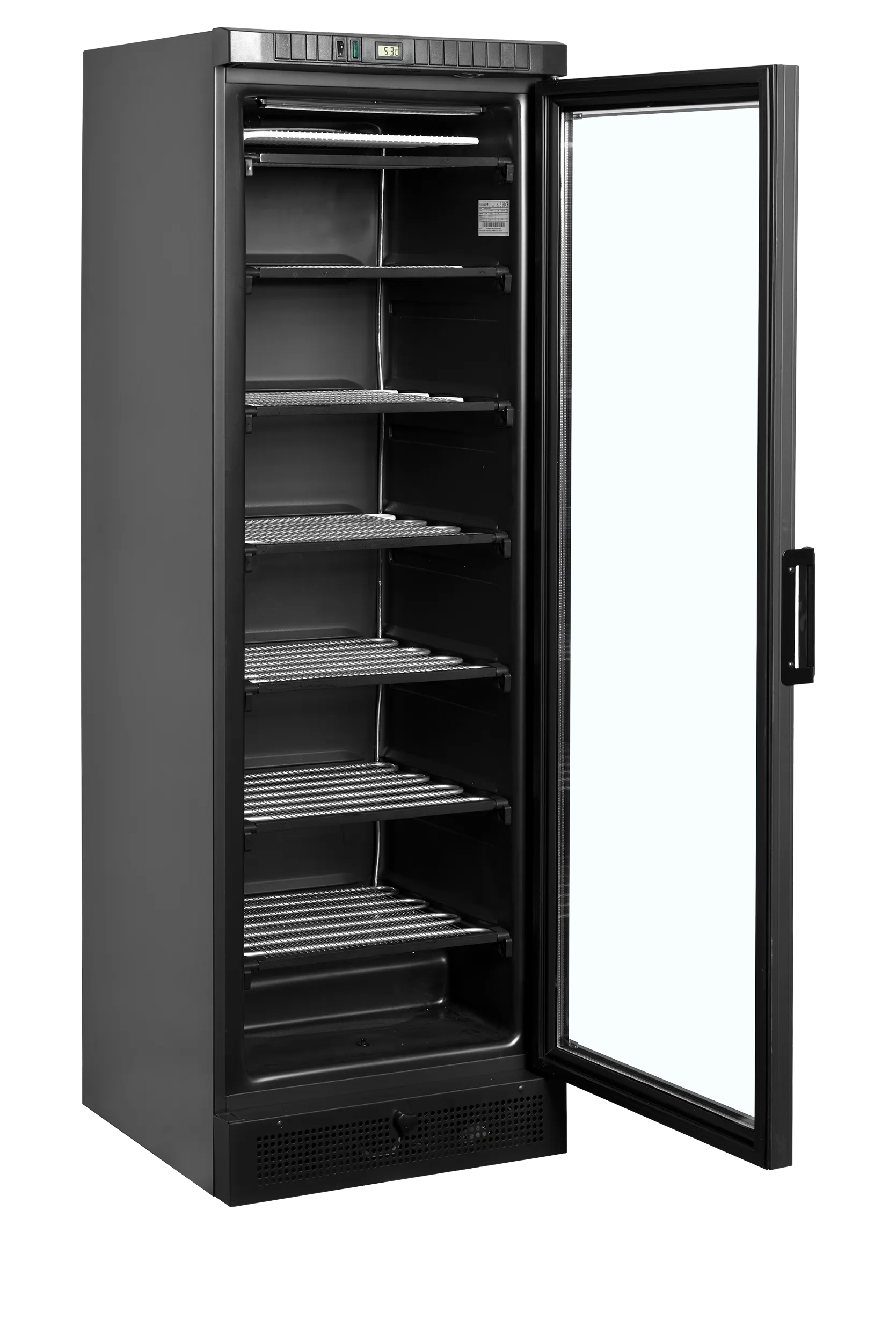 TEFCOLD UFSC371G Black Glass Door Display Freezer – 270L LED Interior, Heated Hinged Door, Static Cooling, Fixed Shelves