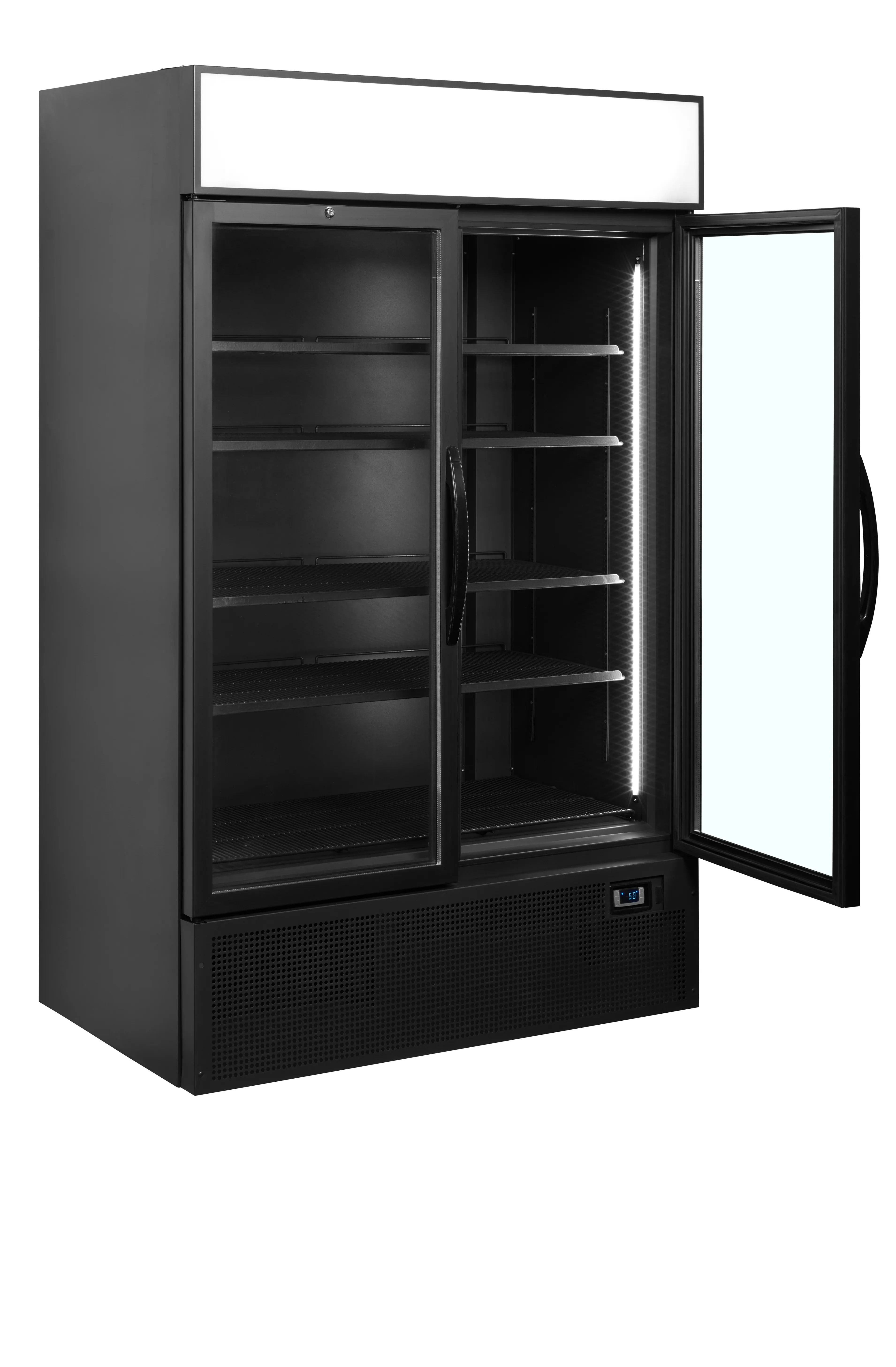 FSC1200H Black Double Glass Door Merchandiser Display Fridge with LED Canopy, 1200mm