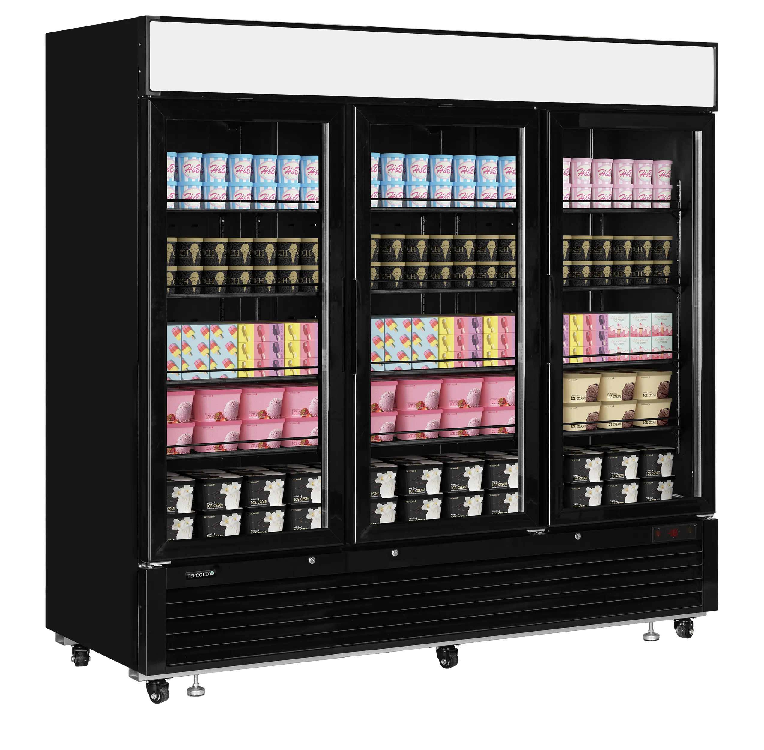 TEFCOLD LGF7500 Black Glass Door Display Freezer – 3 Hinged Doors, LED Lighting, Fan-Assisted Cooling, Heated Glass, 1436L Net Capacity