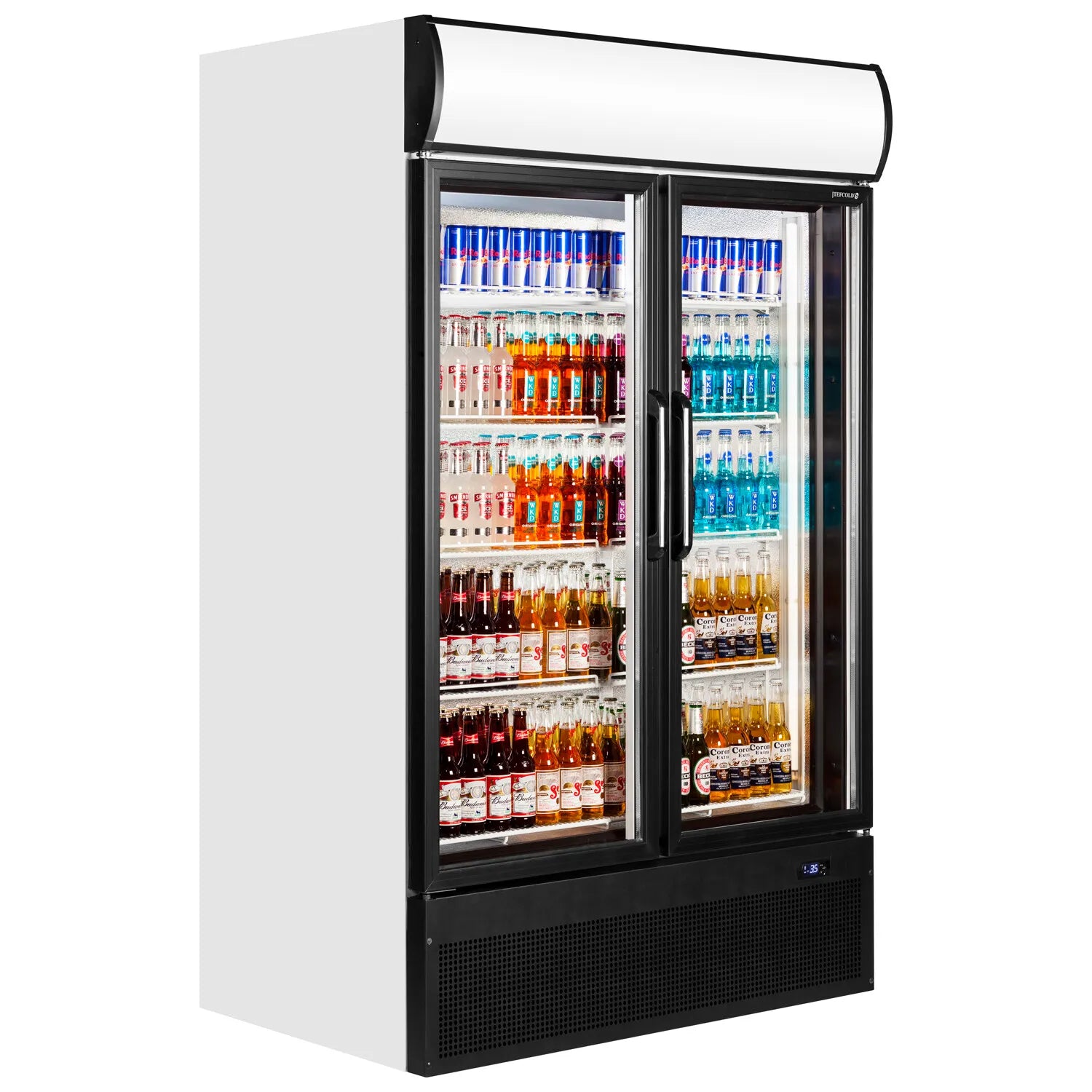 Glass Door Merchandiser FSC1200H – 1200mm Commercial Display Fridge, Double Hinged Glass Doors, Ventilated Cooling, LED Lighting, +2°C to +10°C, White