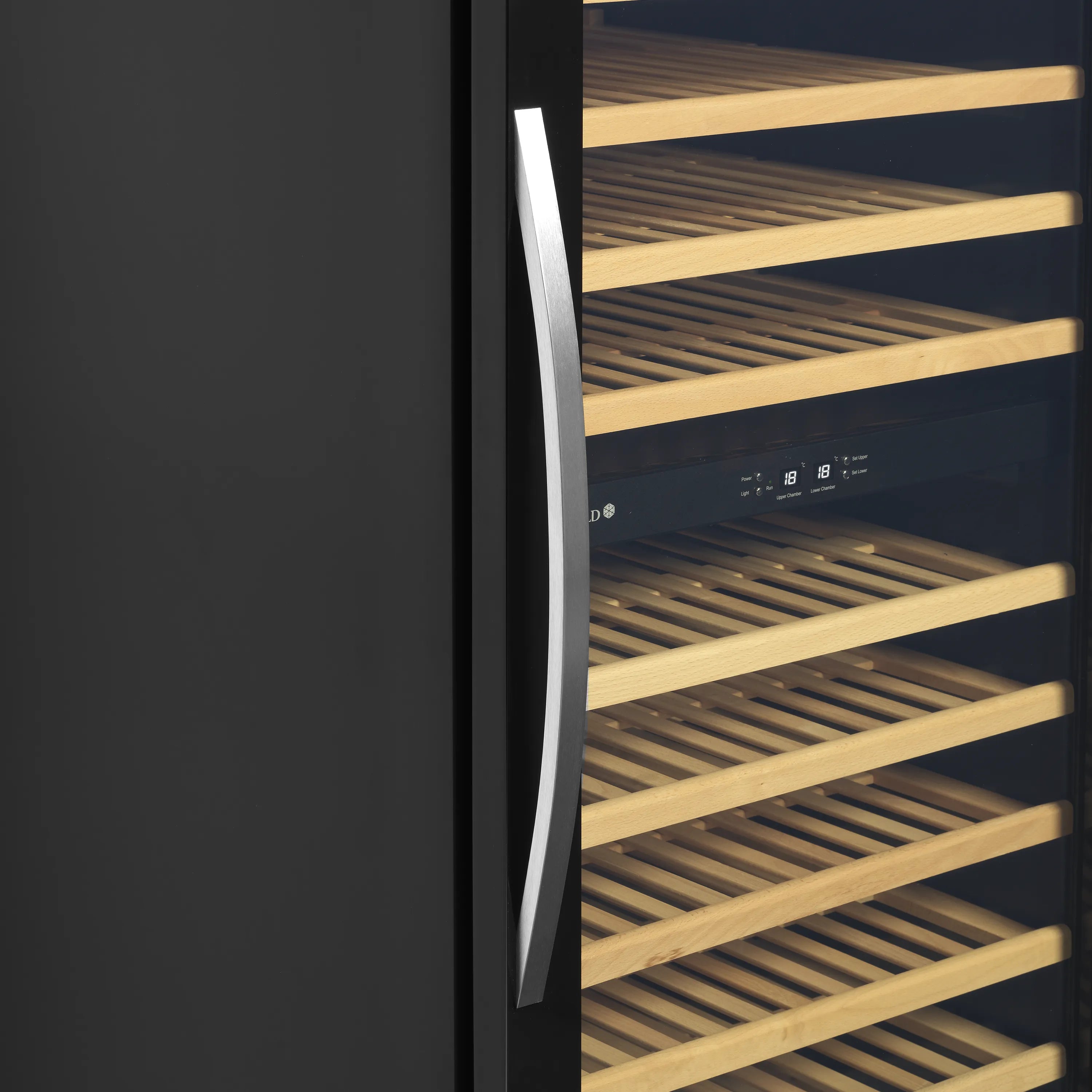 TFW200F Frameless Glass Door Wine Cooler – 48 Bottle Undercounter Wine Cabinet, Single Zone, LED Lighting, Wooden Shelves, Black Finish