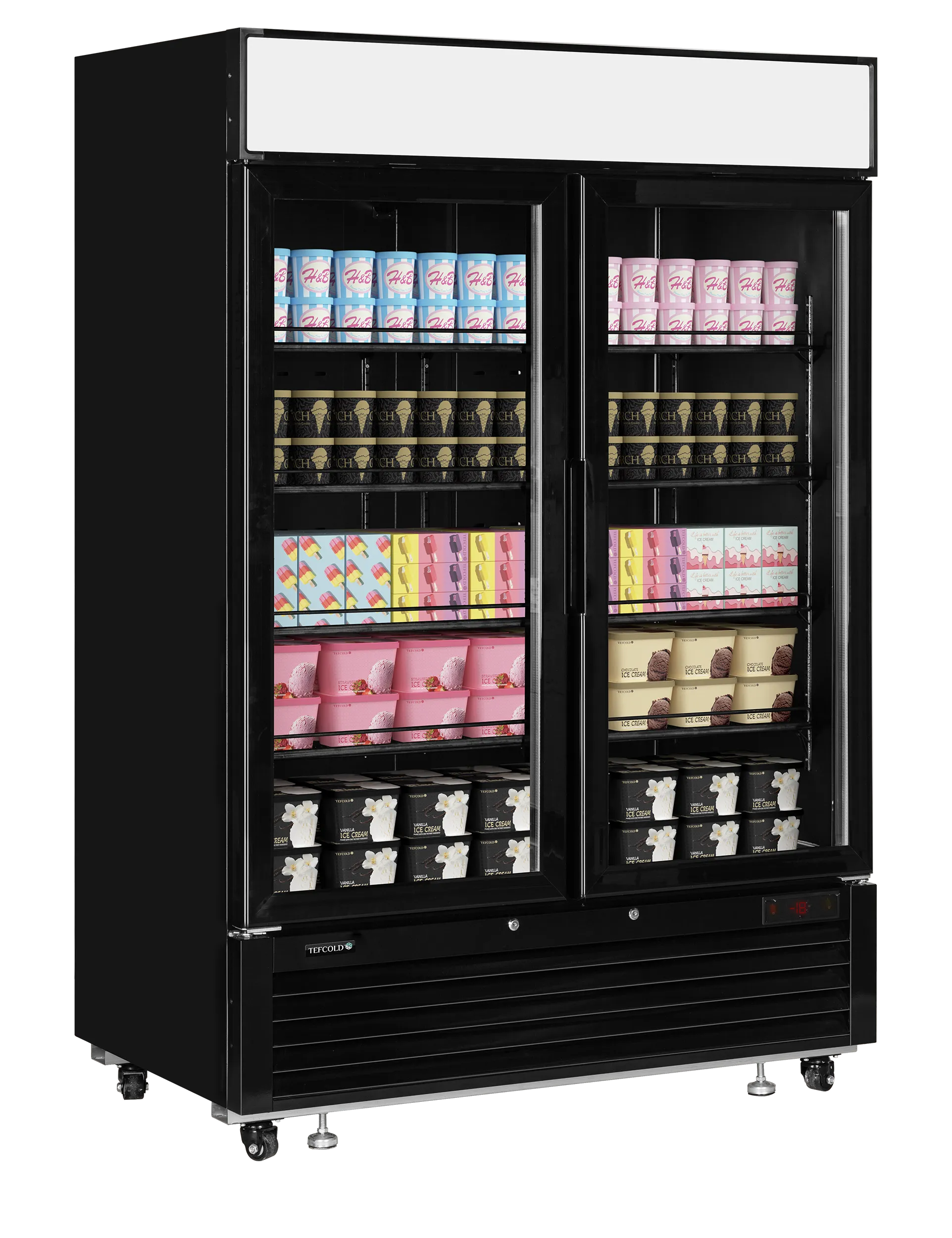TEFCOLD LGF5000 Black Glass Door Display Freezer – 2 Hinged Doors, LED Lighting, Fan-Assisted Cooling, Heated Glass, 922L Net Capacity