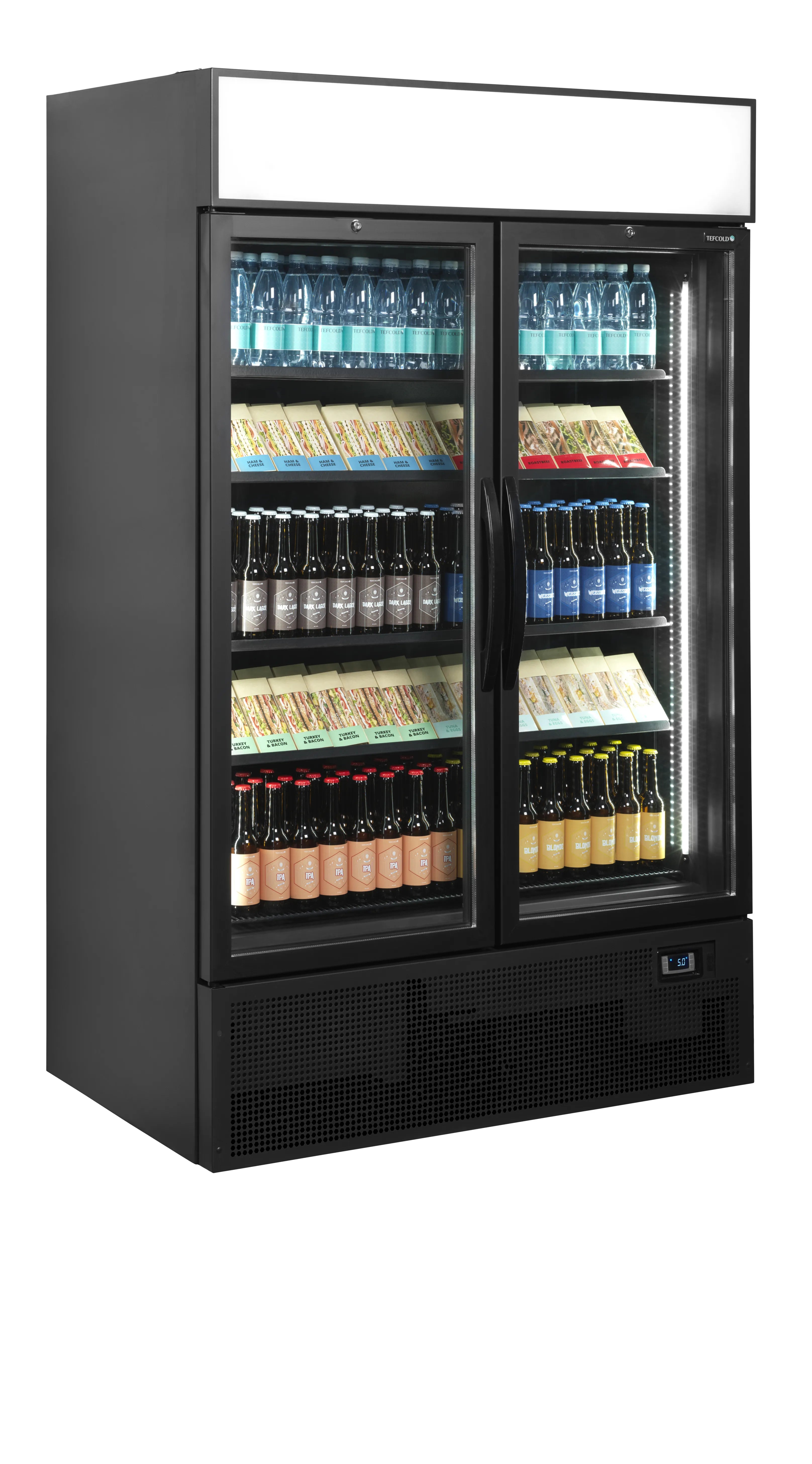 FSC1200H Black Double Glass Door Merchandiser Display Fridge with LED Canopy, 1200mm