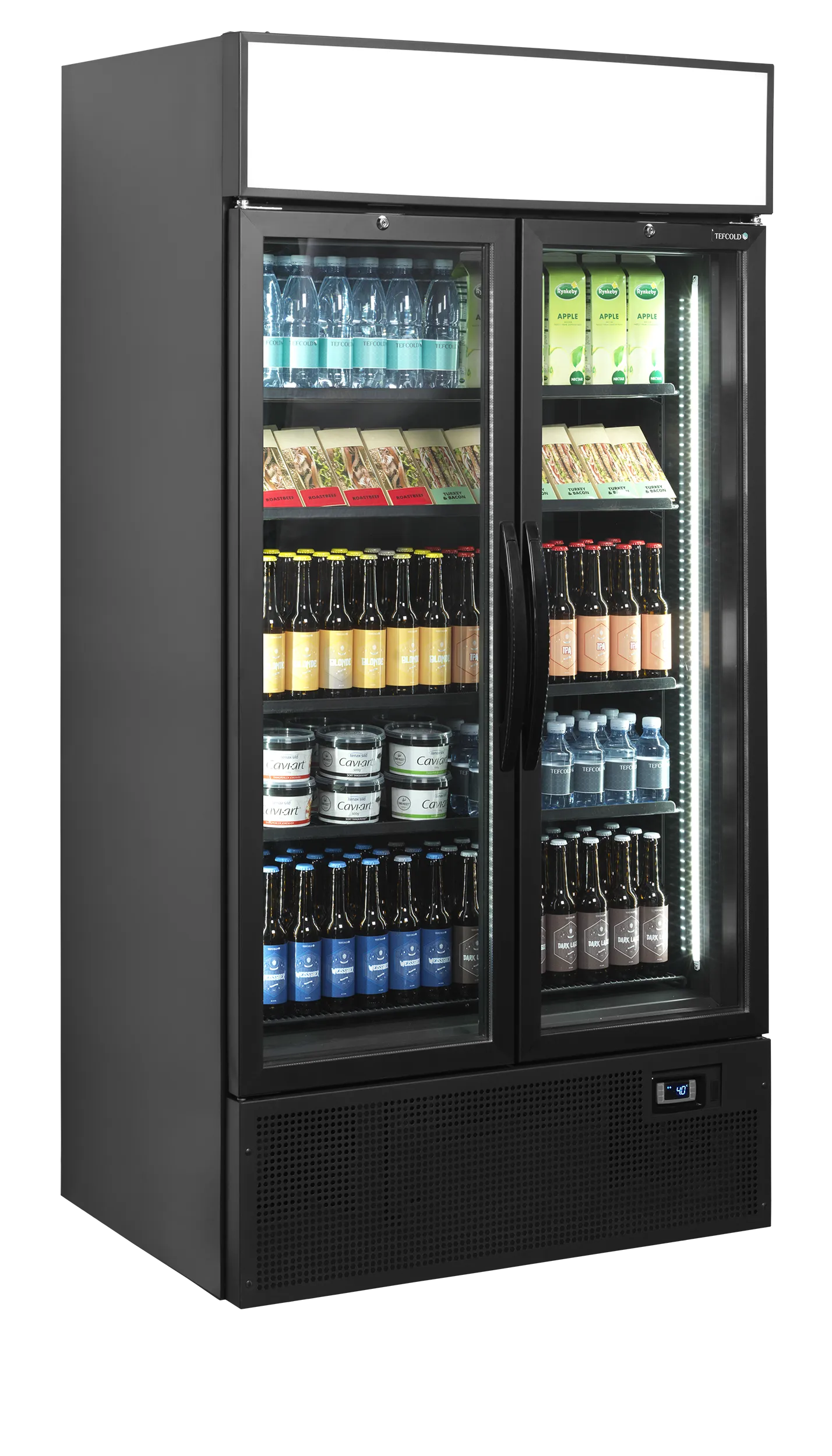 Glass Door Merchandiser FSC1000H Black – 1000mm Commercial Display Fridge with LED Canopy, Dual Hinged Glass Doors, Ventilated Cooling