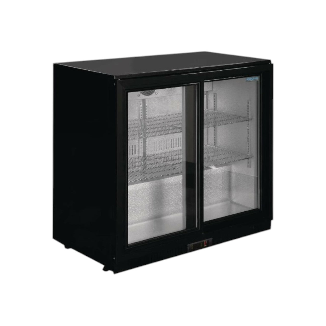 Polar Double Sliding Door Back Bar Cooler in Black with LED Lighting – 208L, Lockable, Adjustable Shelves, R600a