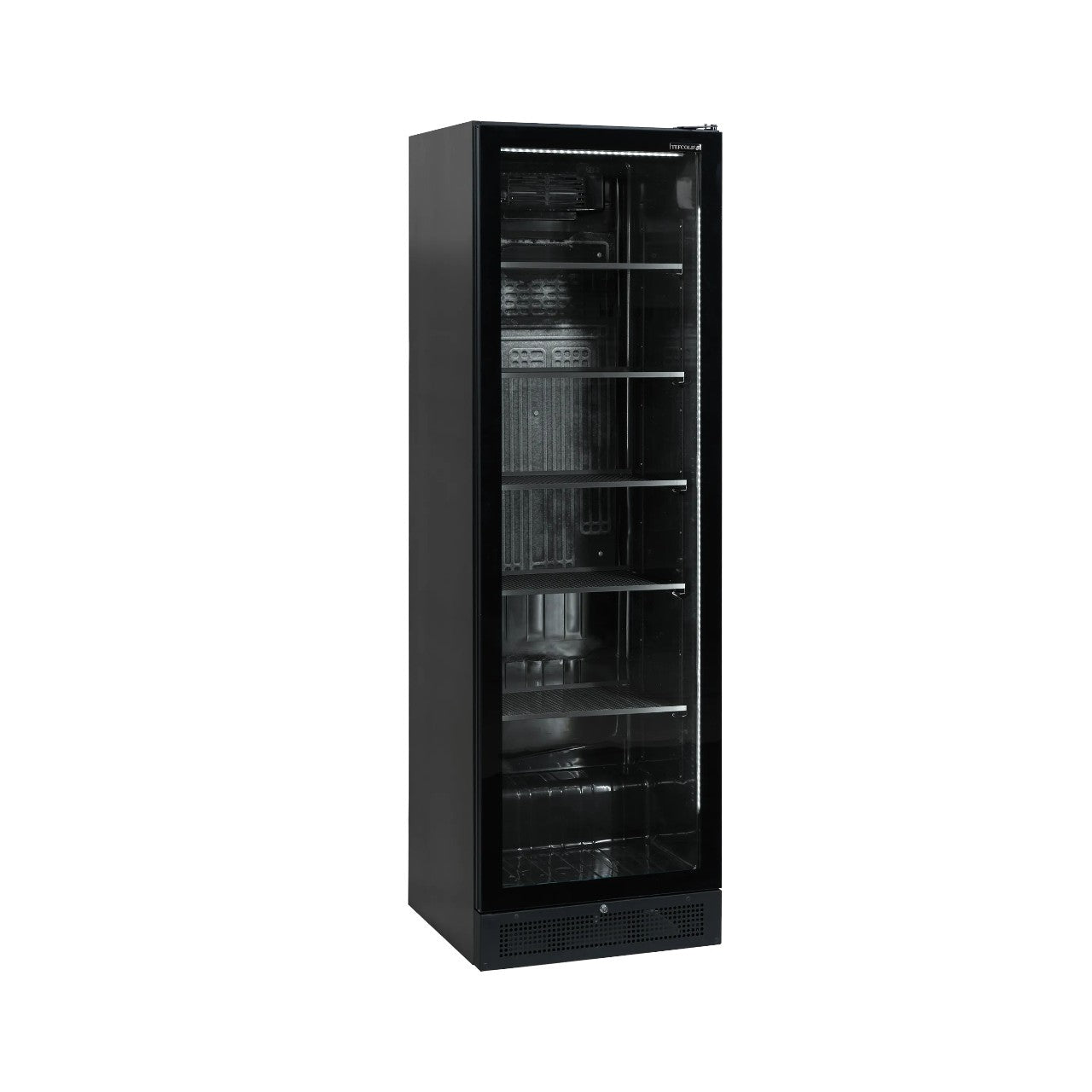 SCU1425 Frameless Glass Door Merchandiser Display Cooler – Tall Black Fan Assisted Refrigerator with LED Lighting & Lock