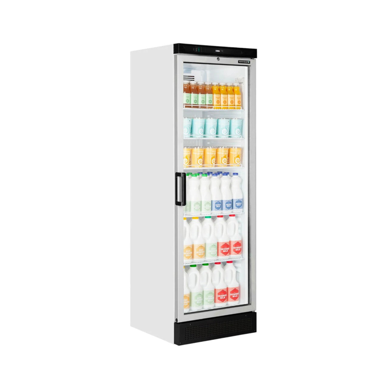 Glass Door Merchandiser FS1380 – 1 Hinged Door, 358L White Display Fridge with Fan-Assisted Cooling, LED Light & Lock, Energy Class D