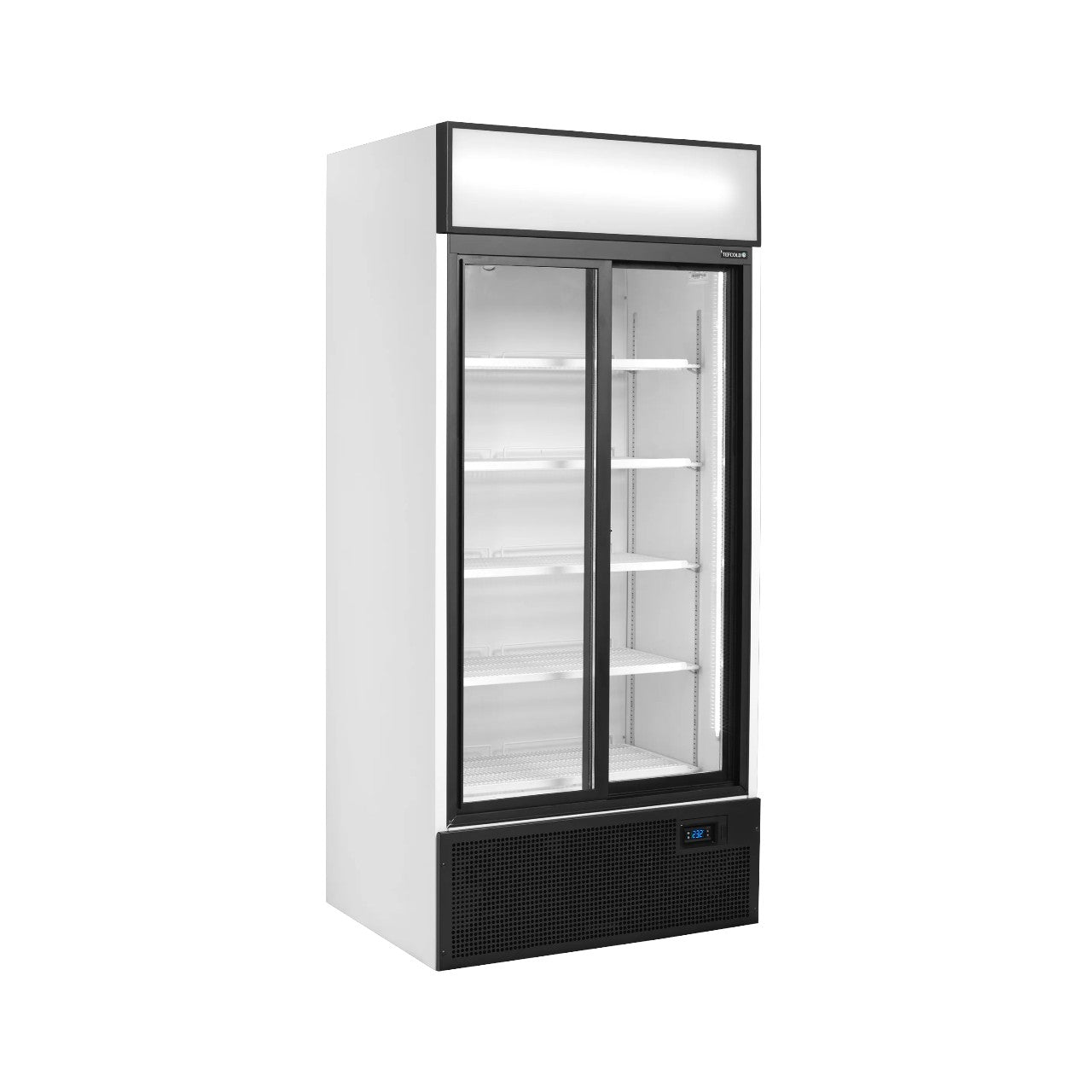 Glass Door Merchandiser FSC891S – 2 Sliding Self-Closing Doors, LED Canopy & Interior Lights, Ventilated Cooling, Adjustable Wire Shelves – White, 707L Capacity